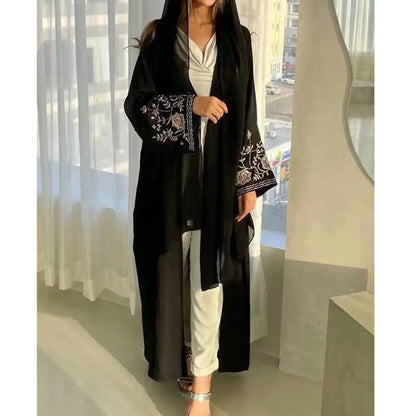 Flower Embroidery Sleeve Muslim Women Cardigan Open Abaya Dress