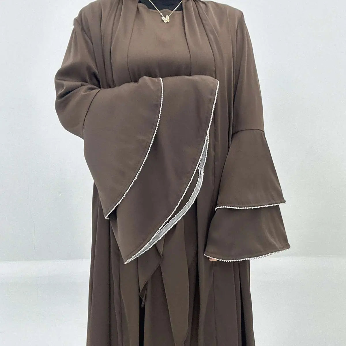 Eid Outfits 3 Pieces Set Satin Open Abaya Dress Set With Inne Dress And Midi Wrap