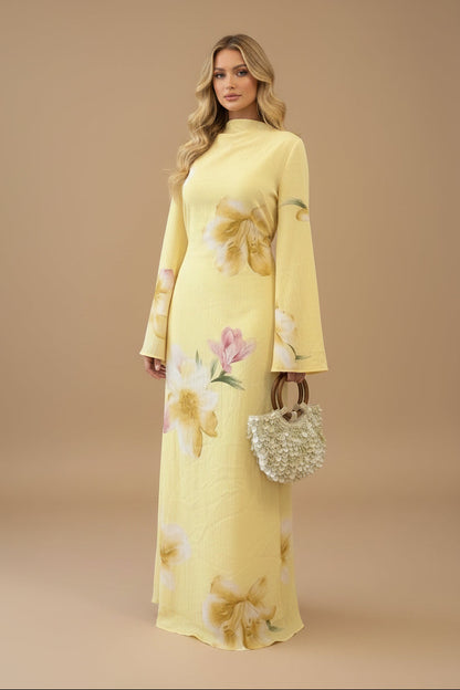 Muslim Women Printed Wrinkle Abaya Dress With Inner Belt #261358