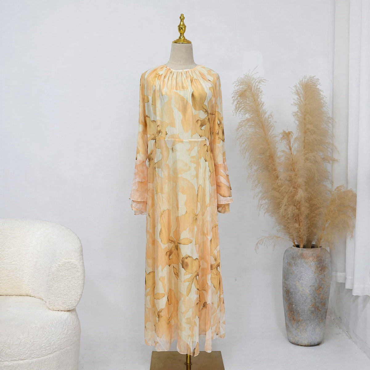 Muslim Women Chiffon Printed Abaya Dress With Lining #261338