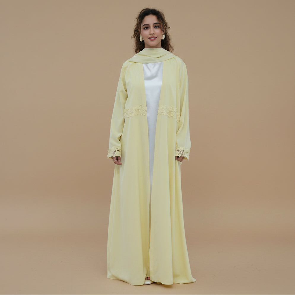 Muslim Women 3D Floral Embroidered Patchwork Nida Open Abaya Dress With A Matching Hijab #261352