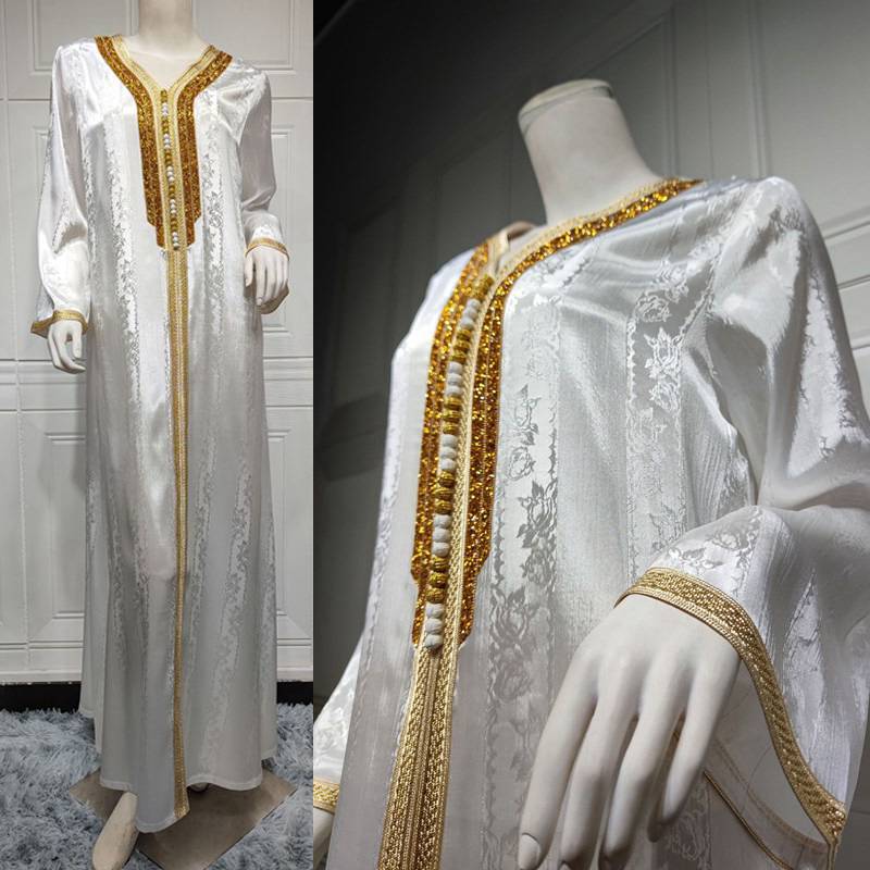 2 Pieces Set Hotfix Rhinestone Jacquard Satin Muslim Women Kaftan Dress With Sleeveless Inner Dress