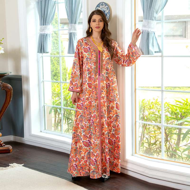 Eid Dress Hotfix Rhinestone Moroccan Floral Printed Caftan Kaftan Dress