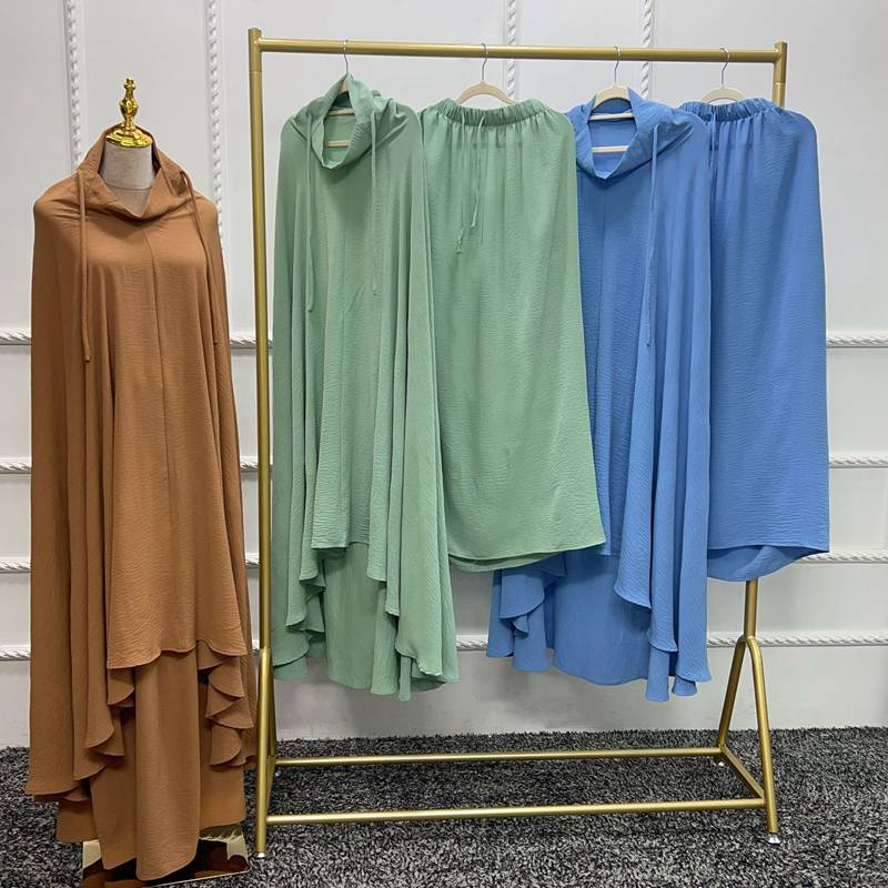 Ramadan Muslim Women 2 Pieces Set Satin Long Robe Jilbab With Skirt