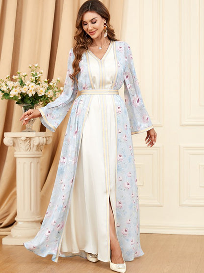 Eid Dress 2 Pieces Set Printed Chiffon Kaftan Dress Caftan With Inner Sleeveless Dress