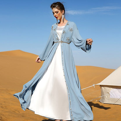 Arab Hand-stitched Rhinestone Open Cardigan Abaya Dress