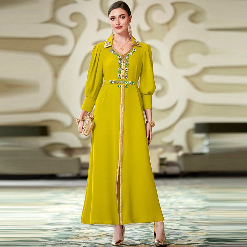 Hand-stitched Rhinestone Stand-up Collars Kaftan Dress Middle East Dubai