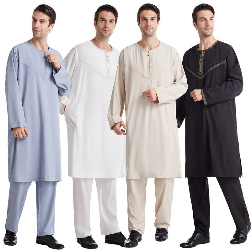 Middle East Muslim Men Suits Embroidered Thobe Set With Pant