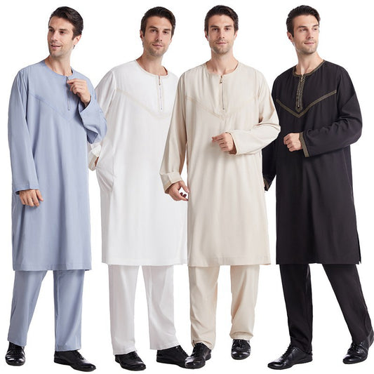 Middle East Muslim Men Embroidered Thobe Set With Pant