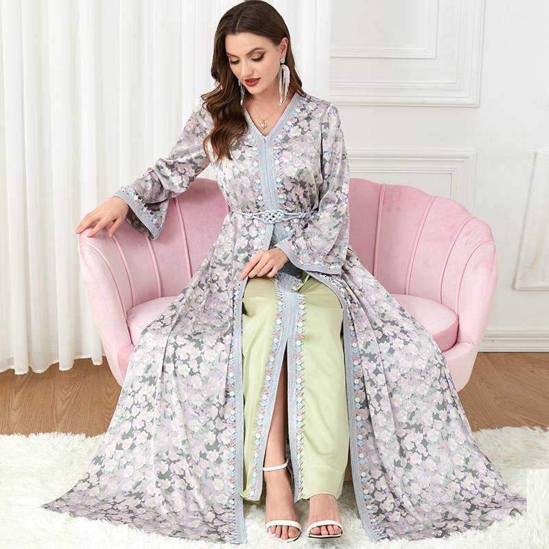 Eid Dress Floral Printed 2 Pieces Set Satin Kaftan Dress Caftan With Inner Sleeveless Dress
