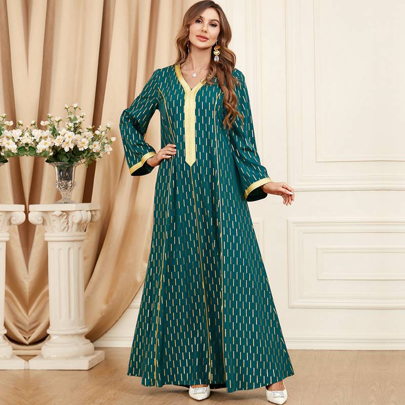 Eid Dress Golden Stripe Printed Arab Kaftan Dress Caftan