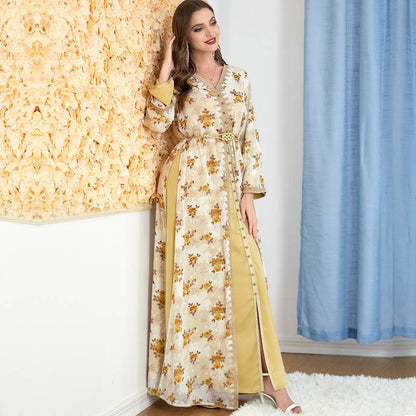 Eid Dress Muslim Women 2 Pieces Set Flower Printed Caftan Kaftan Dress With Inner Dress