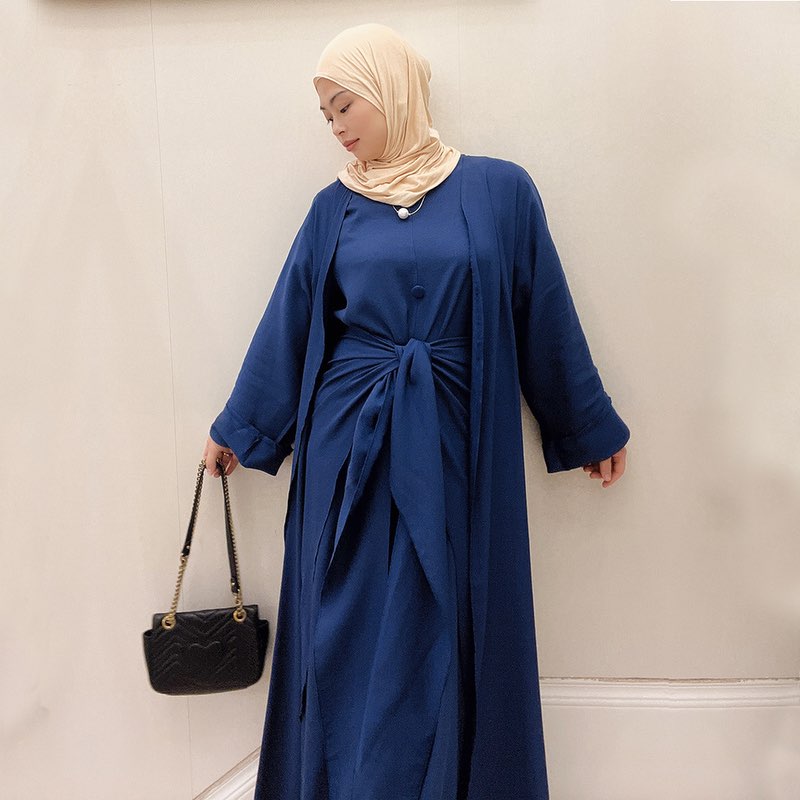 3 Pieces Set Cotton Blend Muslim Women Open Abaya Set, With Out Abaya, Inner Dress And Midi Wrap