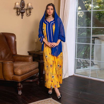 Ramadan Eid Hotfix Rhinestone Kaftan Dress Caftan Jalabiya With Hijab Scarf For Muslim Women