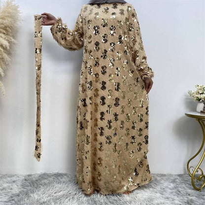 Muslim Women Sequin Tassel Abaya Dress With Lining