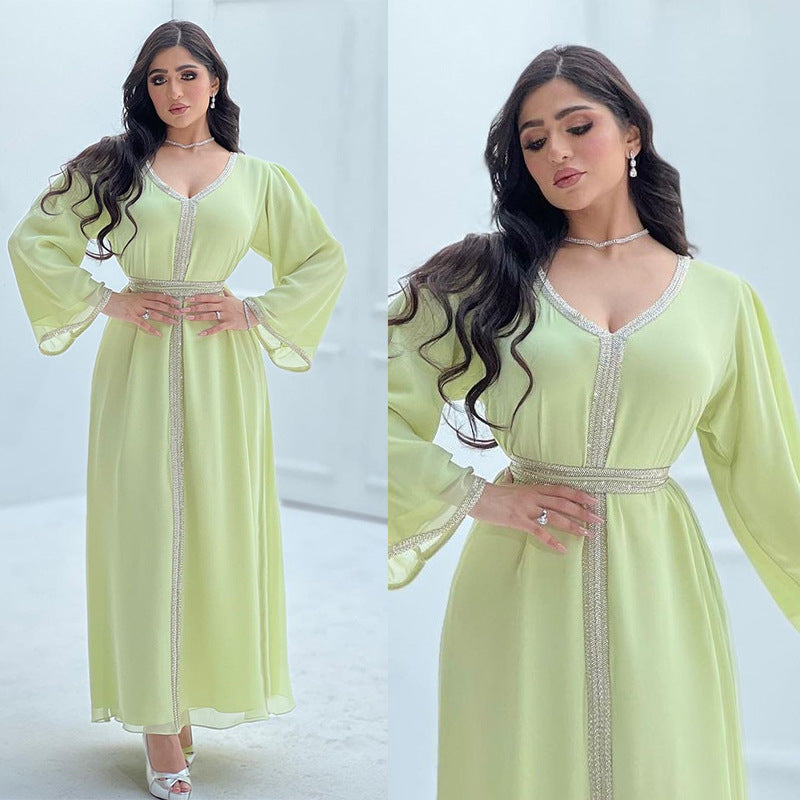 Light Green Muslim Women Chiffon Kaftan Dress Jalabiya