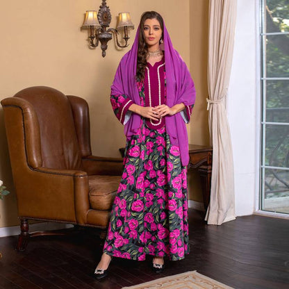 Ramadan Eid Hotfix Rhinestone Kaftan Dress Caftan Jalabiya With Hijab Scarf For Muslim Women