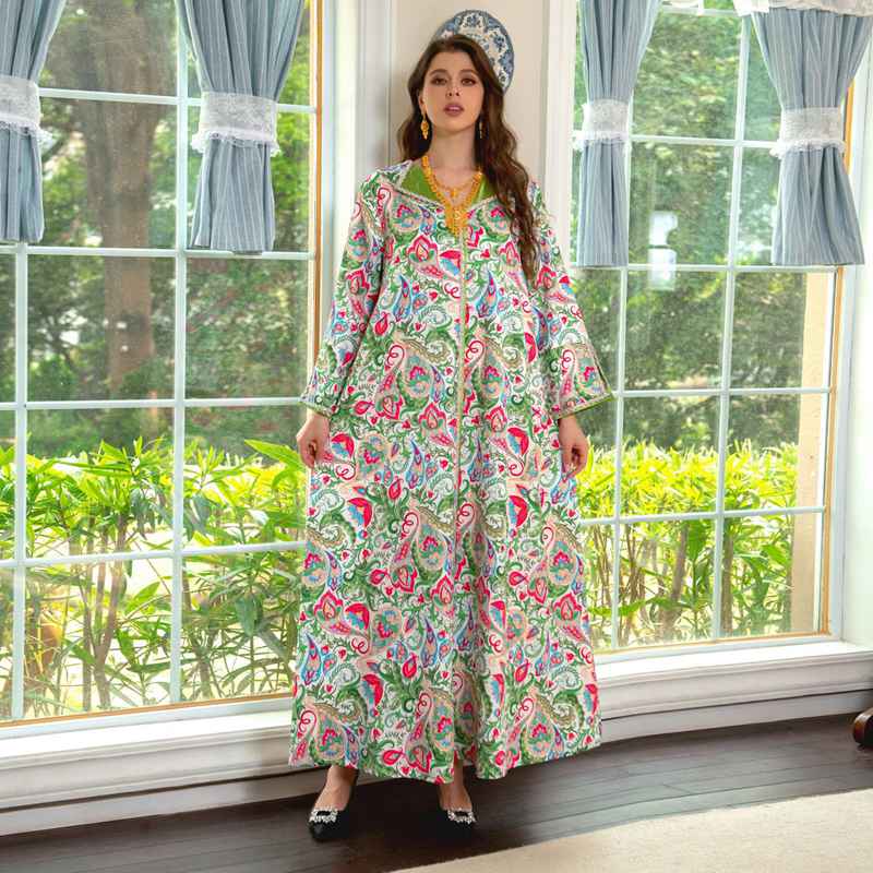 Eid Dress Hotfix Rhinestone Floral Printed Caftan Kaftan Dress