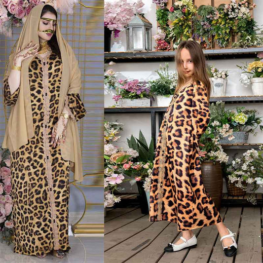 Eid Muslim Girl Leopard Printed Kaftan Dress