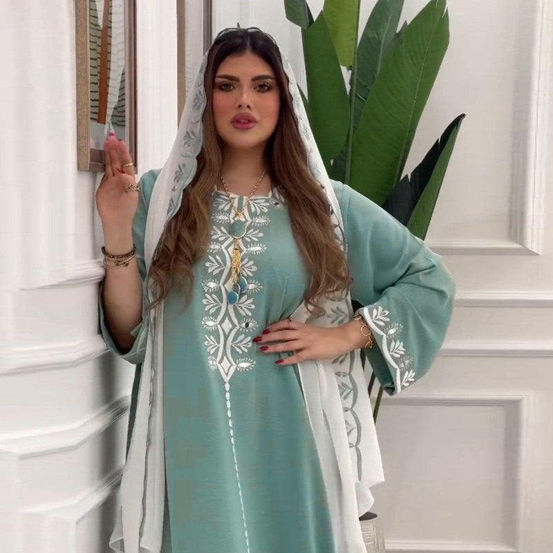 Middle East Arab Flower Embroidery Muslim Women Abaya Kaftan Dress Jalabiya With Hijab