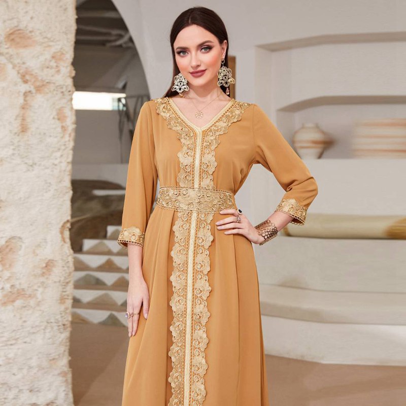 Middle East Vintage Elegant Women Caftan Kaftan Dress With Lace