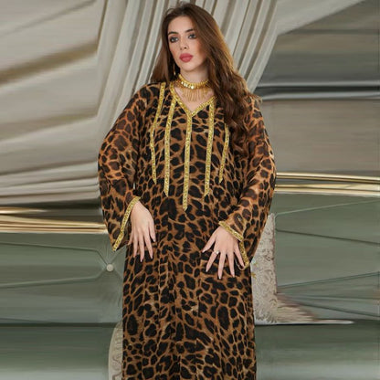 Arab Leopard Print Hotfix Rhinestone Muslim Women Kaftan Dress Jalabiya
