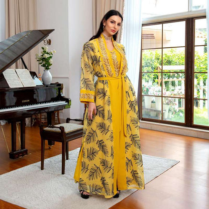 2 Pieces Set Evening Gown Kaftan Dress Suit With Inner Dress For Muslim Women