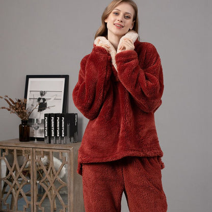 Women Winter Fall Coral Velvet Laple Loungewear Sleepwear Set