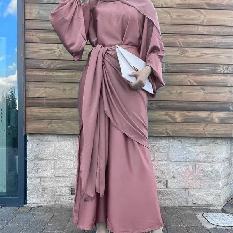 Muslim Women Satin Abaya Dress With Midi Wrap Urgarment Muslim Women Satin Abaya Dress With Midi Wrap Urgarment
