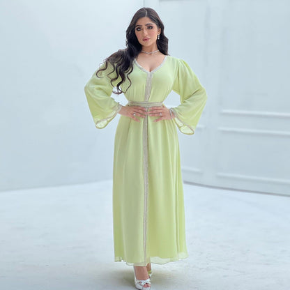 Light Green Muslim Women Chiffon Kaftan Dress Jalabiya