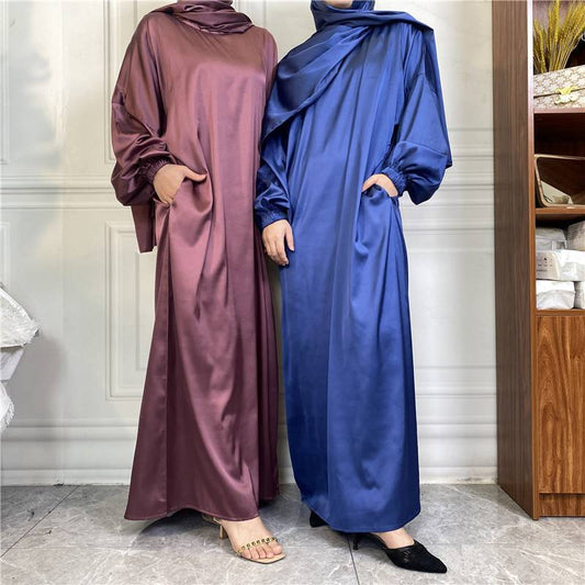 With Pocket And Hijab Scarf Muslim Women Solid Color Satin Abaya Dress