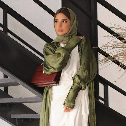 Army Green Muslim Women Open Cardigan Abaya Dress With Mushroom Button Sleeves