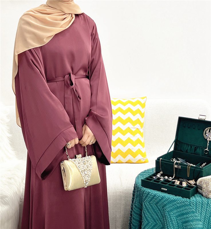Muslim Women Solid Color Satin Abaya Robe Dress With Pokcet And Belt