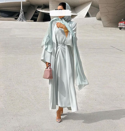 Muslim Women 4 Pieces Set Open Abaya Dress With Inner dress, Out Abaya, Mid Wrap, And Hijab Scarf