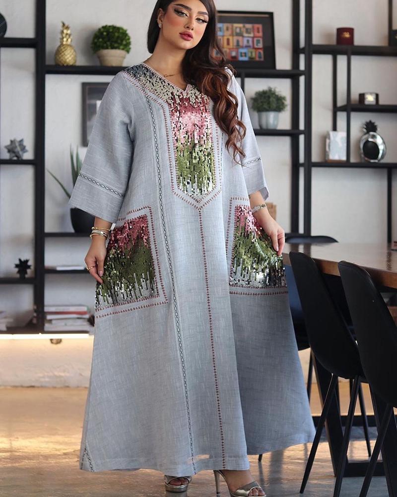 Sequin Embroidery Women Kaftan Dress Jalabiya