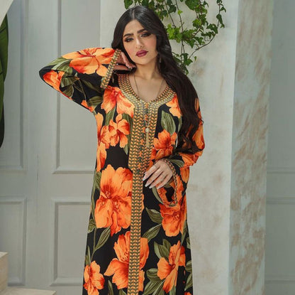 Muslim Women Fashion Printed Kaftan Dress Jalabiya