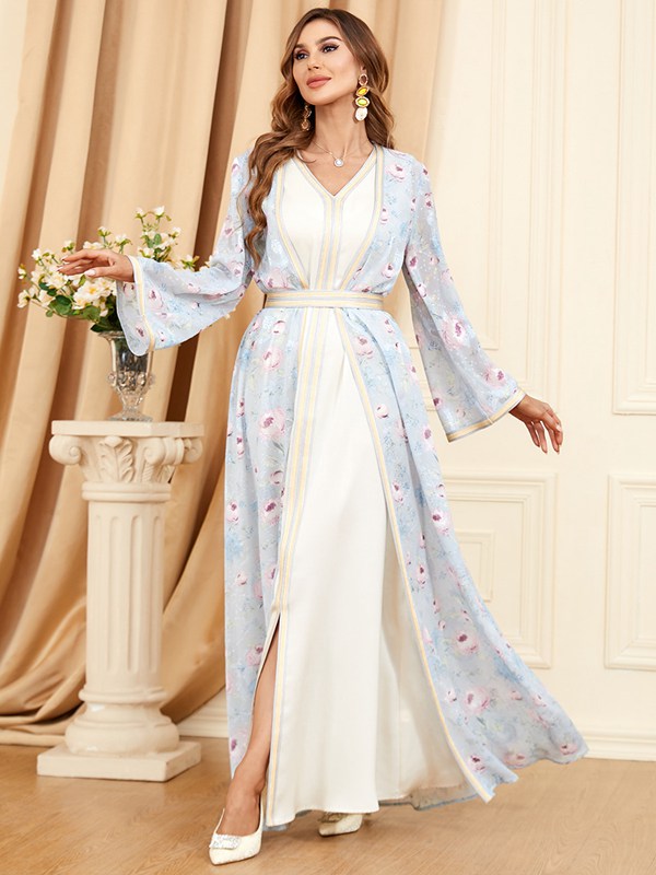 Eid Dress 2 Pieces Set Printed Chiffon Kaftan Dress Caftan With Inner Sleeveless Dress