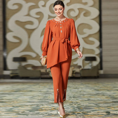 2 Pieces Set Pant Suit Hand-stitched Rhinestone With Tops And Pant For Muslim Women
