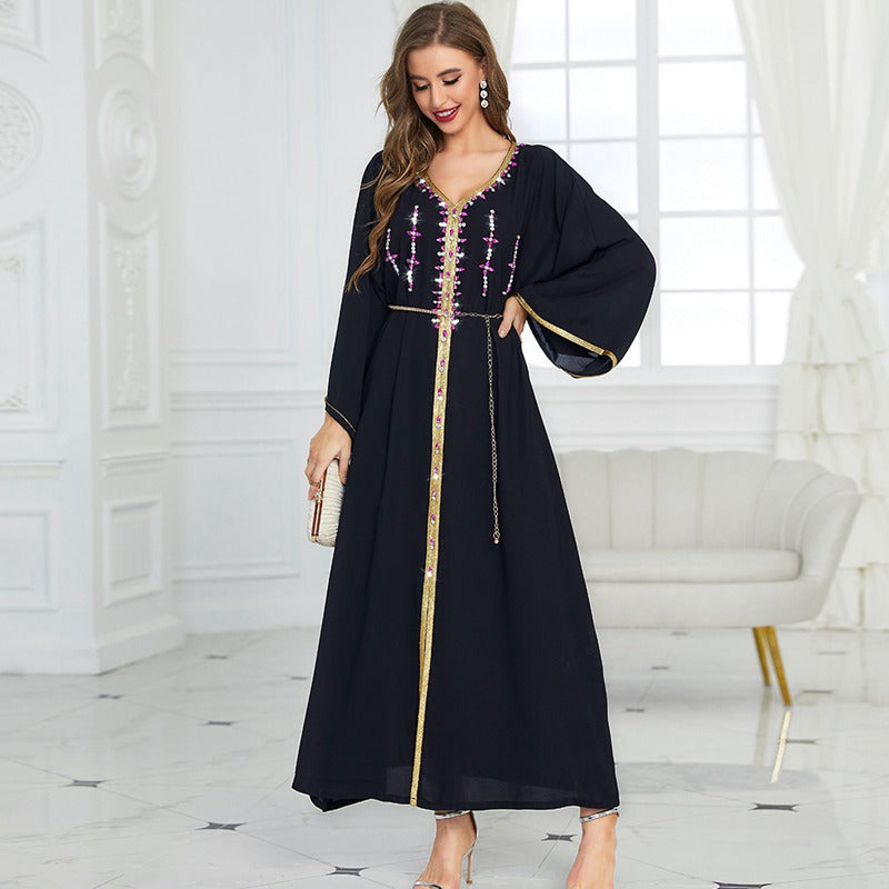 Eid Bohemia Style Luxury Hand-stitched Rhinestone Dubai Kaftan Dress