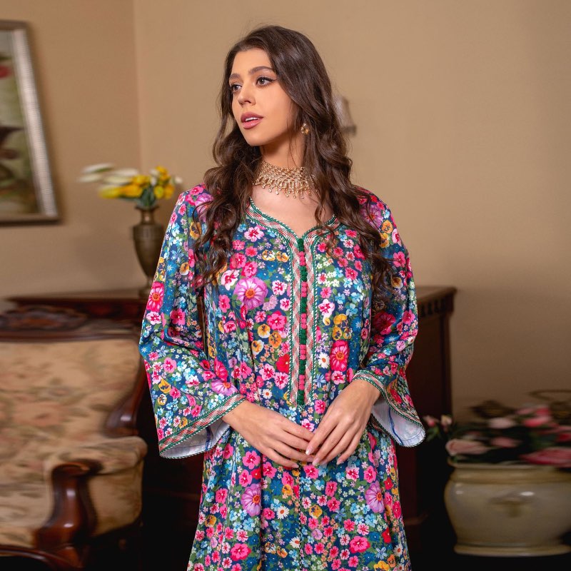Eid Dress Floral Printed Caftan Kaftan Dress Jalabiya
