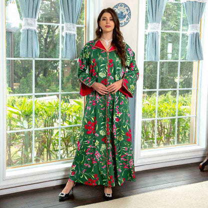 Middle East Arab Green Floral Printed Hotfix Rhinestone Caftan Kaftan Dress