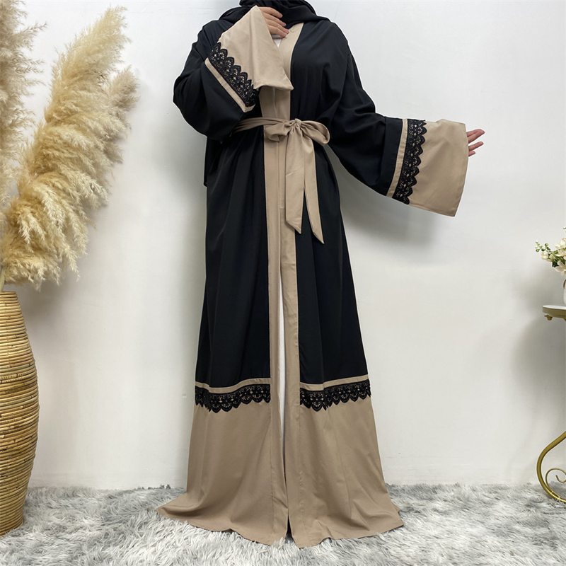 Muslim Women Open Cardigan Abaya Dress With Lace