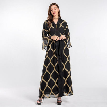 Mesh Embroidery Kaftan Abaya Dress Dubai Middle East