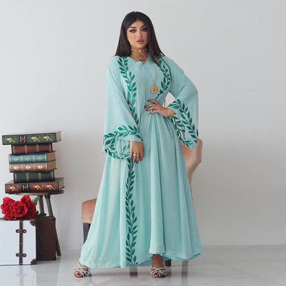 Muslim Women Chiffon Embroidery Abaya Dress With Hijab Scarf