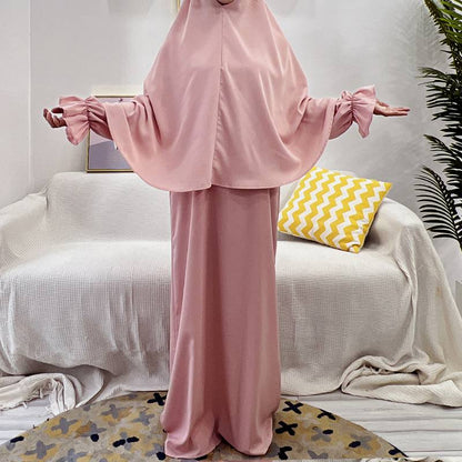 2 Pieces Set Jilaba Solid Color For Muslim Women Dress Middle East Dubai Turkish Clothing