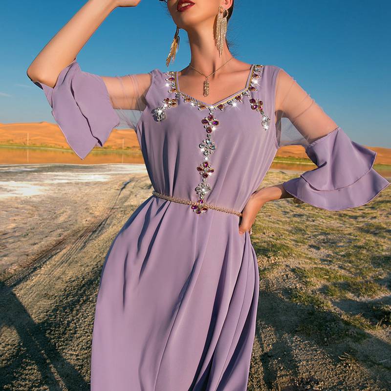 Ruffles Mesh Dubai Hand-stitched Rhinestone Kaftan Dress Djebba Jebba