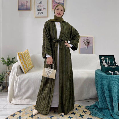 Muslim Women Stripe Cardigan Open Abaya Dress With Hijab Scarf And Pocket