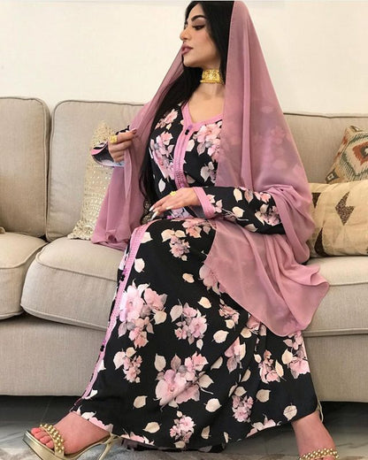 Eid Muslim Girls Printed Kaftan Jalabiya Dress