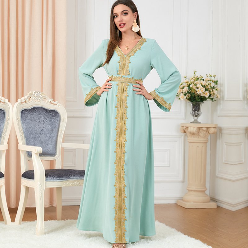 Eid Dress Women Middle East Arab Embroidery Woven Fabric Kaftan Dress Caftan - M / Light Green Eid Dress Women Middle East Arab Embroidery Woven Fabric Kaftan Dress Caftan - M / Light Green