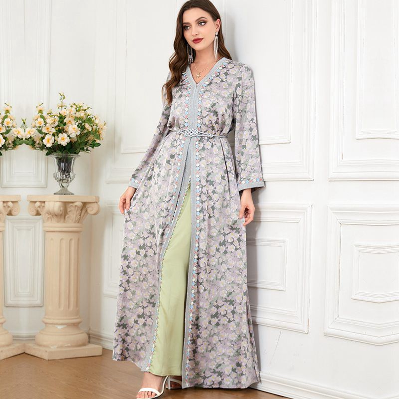 Eid Dress Floral Printed 2 Pieces Set Satin Kaftan Dress Caftan